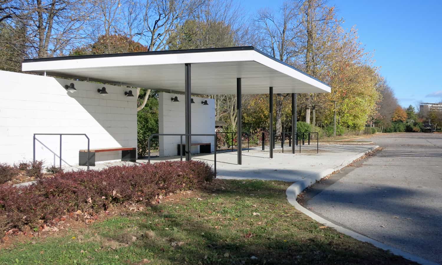 Looking east across the bus stop pavilion