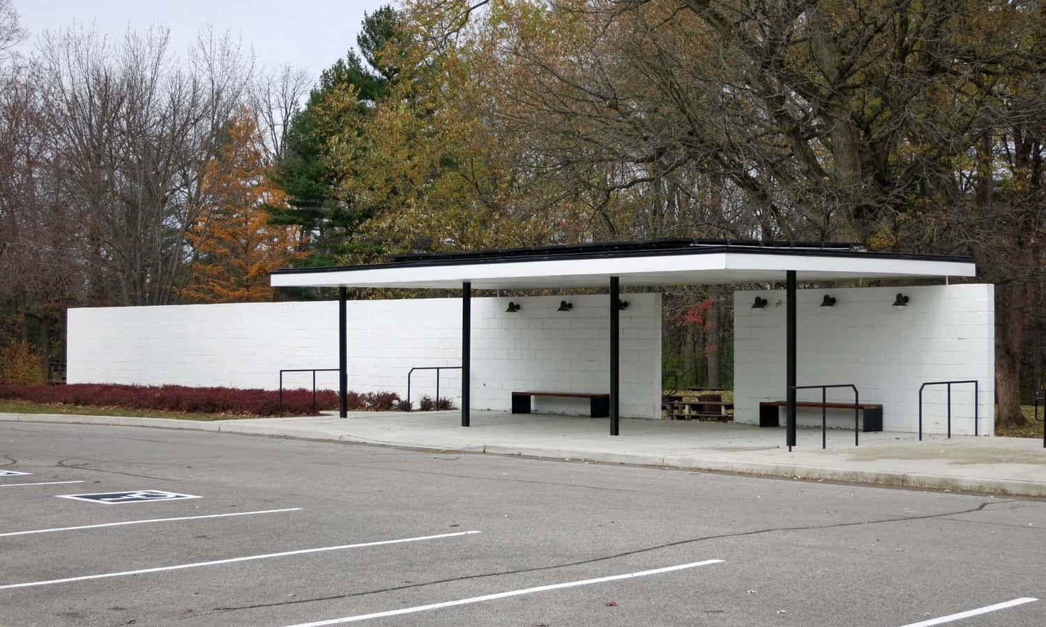 Bus stop pavilion located to the north of the main parking lot
