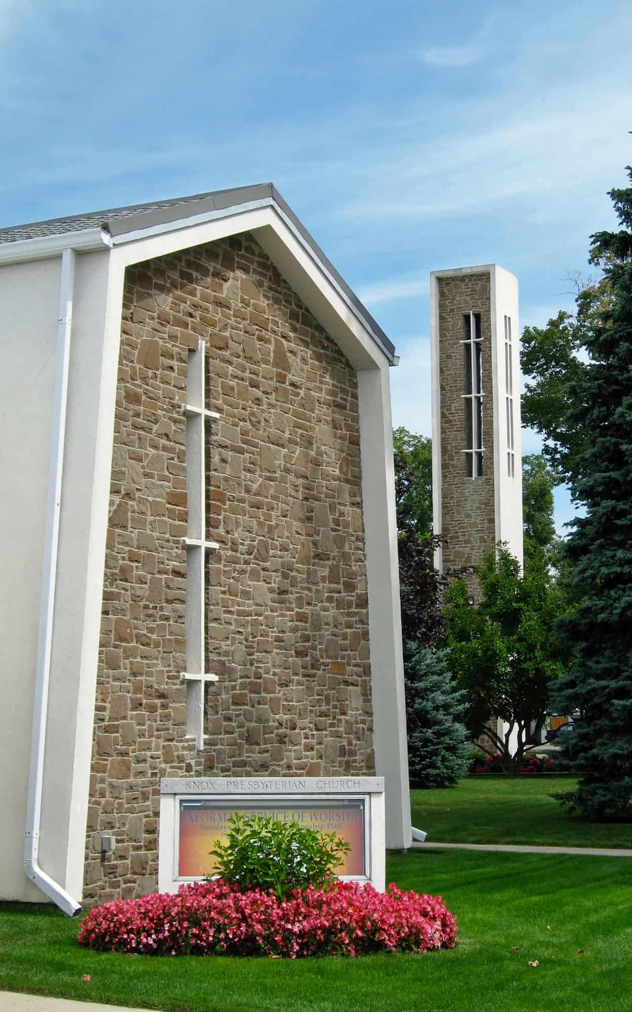 Detail of the chapel/community space with the bell tower visible beyond