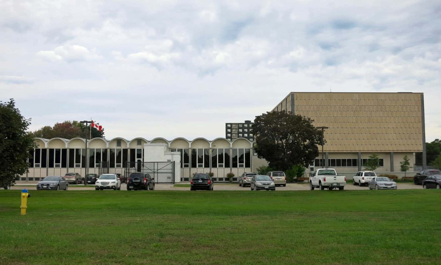 The south elevation of the complex as viewed from the approach to the Bluewater Bridge international border crossing