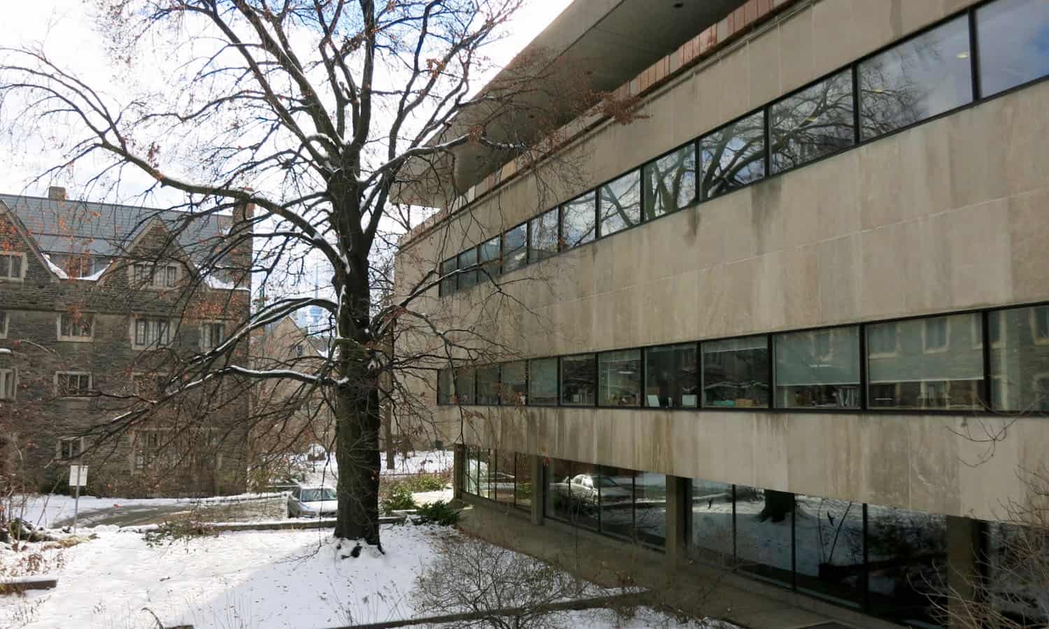 Ribbon windows on the east elevation provide views of Burwash Residence (1931) and the Lester B. Pearson Garden for Peace and Understanding