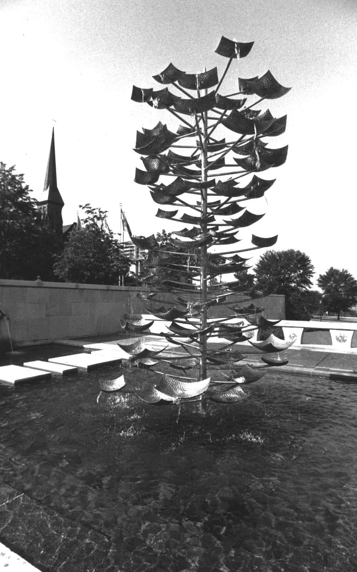 Reflecting pool and Tree Fountain by Norman Slater, looking south-west (Library and Archives Canada PA192672)