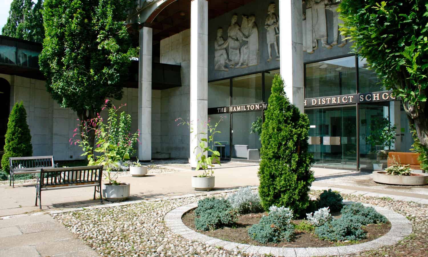 The monumental entry portico faced City Hall