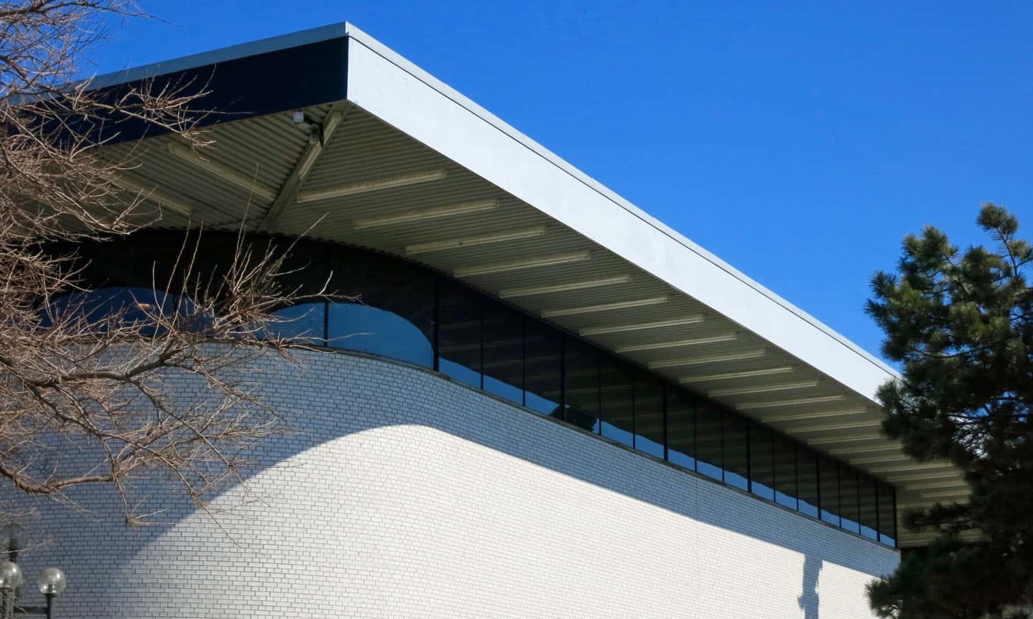 The crisp corner of the cantilevred flat roof contrasts with the smooth, radiused corner of the brick enclosure