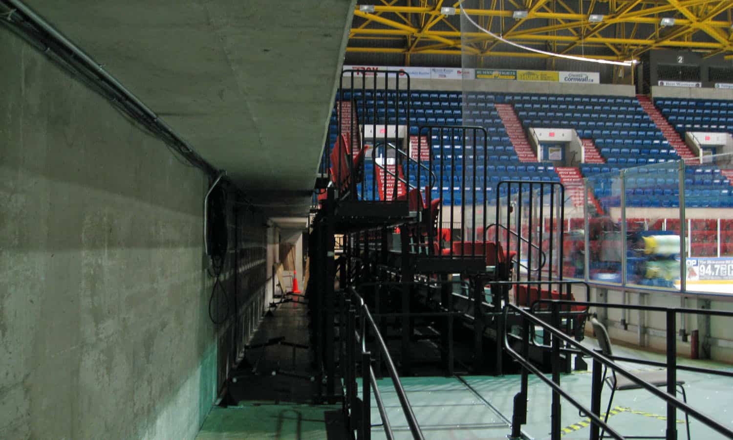 Detail of the moat seating showing the space between the ice surface and the main seating
